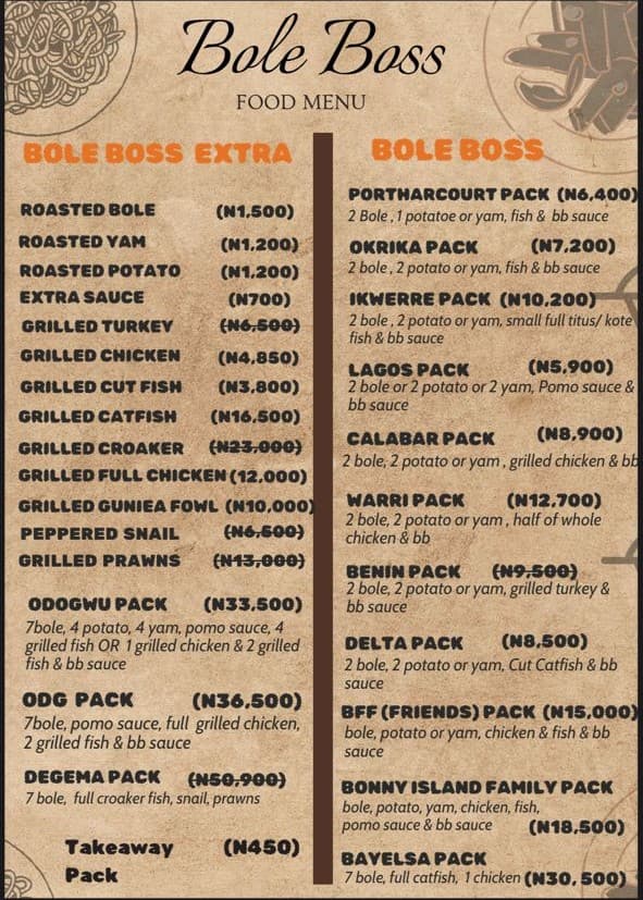 Bolé Boss Food Menu – Bolé Boss Extra & Packs