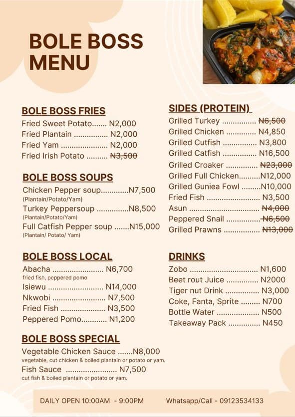 Bolé Boss Full Menu – Fries, Soups, Sides & Drinks